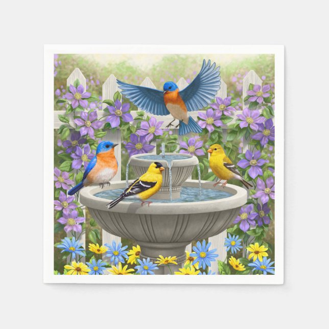 Colourful Birds and Bird Bath Flower Garden Napkin (Front)