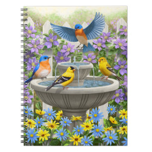 Colourful Birds and Bird Bath Flower Garden Spiral Notebook