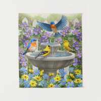 Colourful Birds and Bird Bath Flower Garden