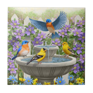 Colourful Birds and Bird Bath Flower Garden Tile