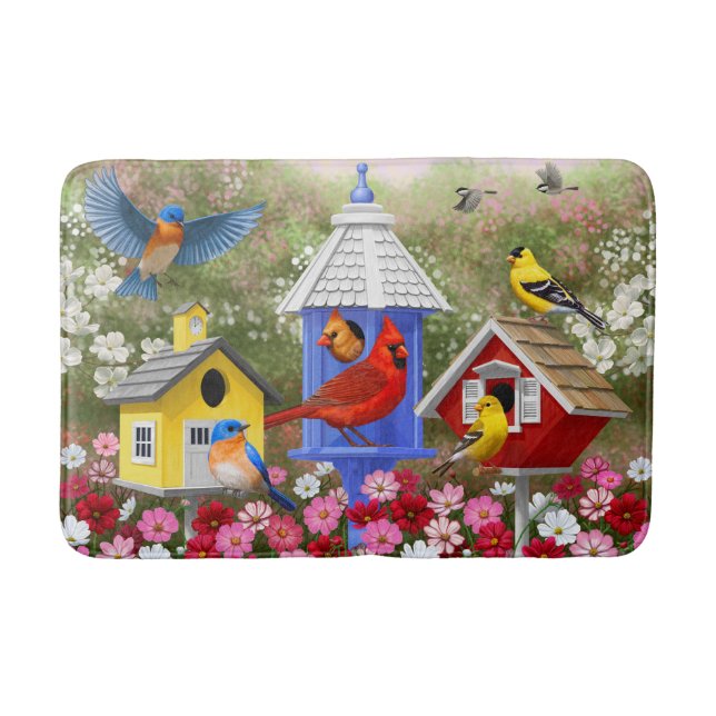 Colourful Birds and Birdhouses Bath Mat (Front)
