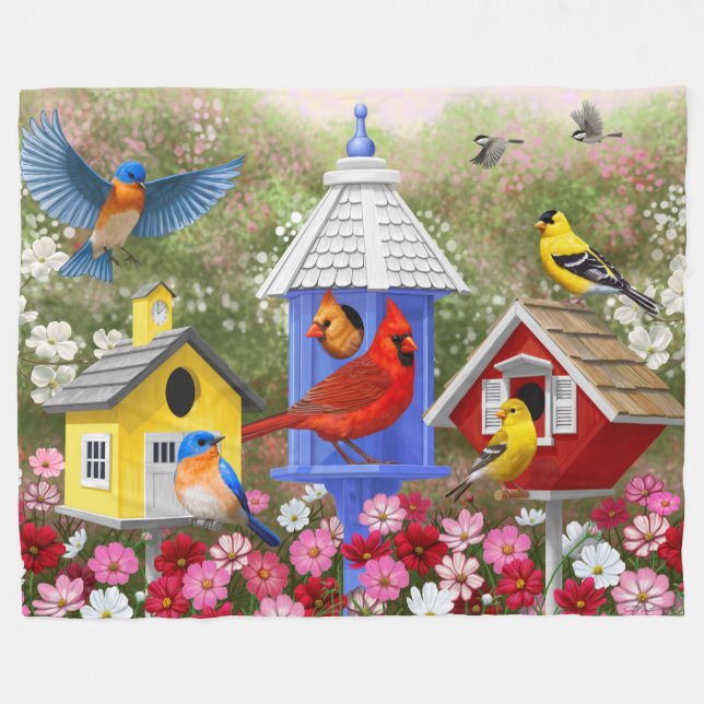 Colourful Birds and Birdhouses Fleece Blanket (Front (Horizontal))