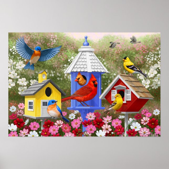 Colourful Birds and Birdhouses Flower Garden Poster (Front)