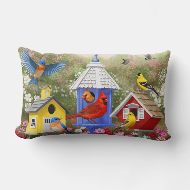 Colourful Birds and Birdhouses Lumbar Cushion (Front)