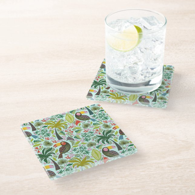 Colourful Birds And Flowers Glass Coaster (Angled)