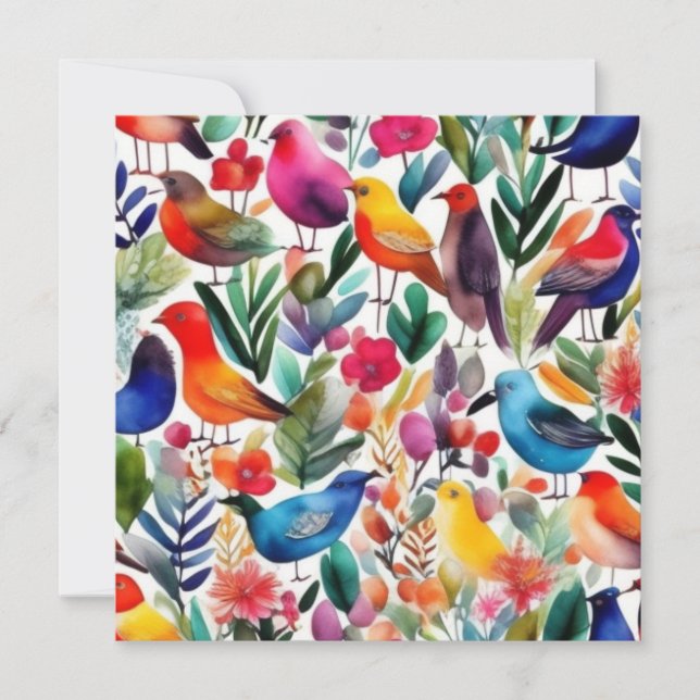 Colourful birds and flowers Invitation (Front)
