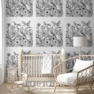Colourful Birds and Flowers on a Colouring Wallpaper