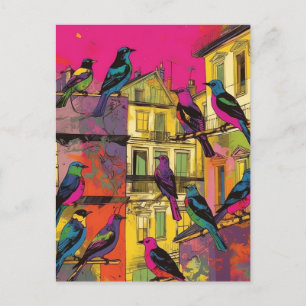 Colourful Birds and Houses Postcard