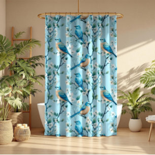 Colourful birds and white botanical flowers patter shower curtain
