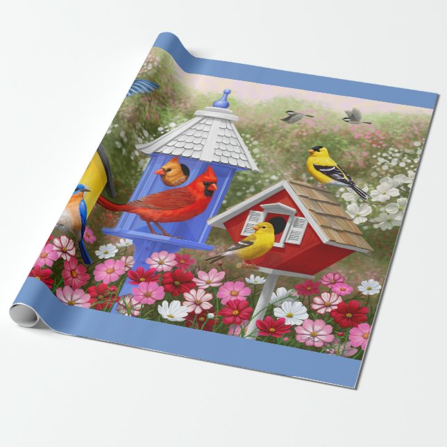 Colourful Birds & Birdhouses Flower Garden Wrapping Paper (Unrolled)