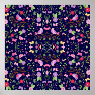 Colourful Birds Butterflies Flowers Blue Backgroun Poster