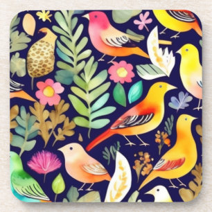 Colourful birds floral pattern blue decor coaster
