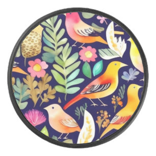 Colourful birds floral pattern blue decor hockey puck