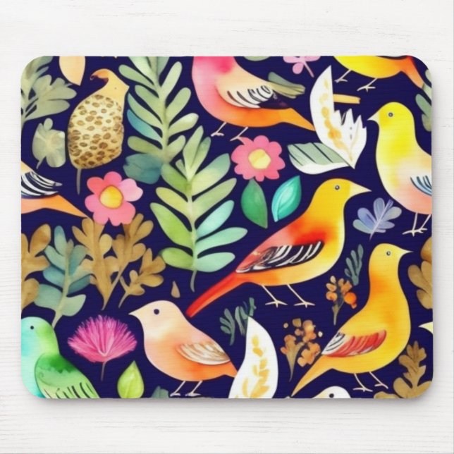 Colourful birds floral pattern blue decor mouse pad (Front)
