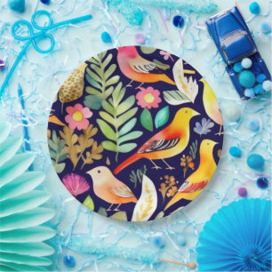 Colourful birds floral pattern blue decor paper plate