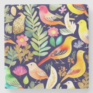 Colourful birds floral pattern blue decor stone coaster