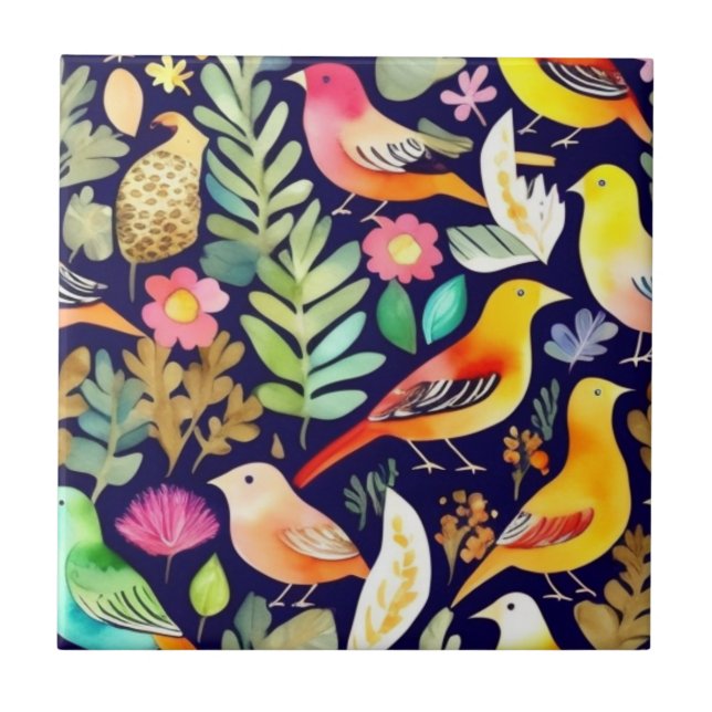 Colourful birds floral pattern blue decor tile (Front)