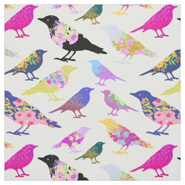 Colourful Birds Flowers Bouquet Chic Floral Patter Fabric (Swatch)