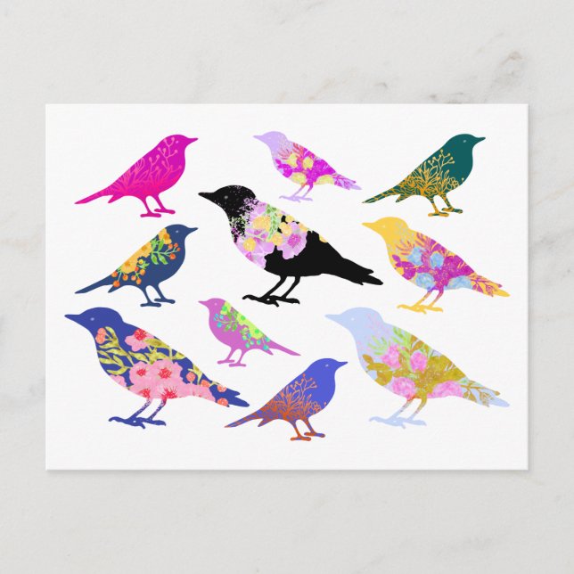 Colourful Birds Flowers Leaves Chic Floral Animal Postcard (Front)