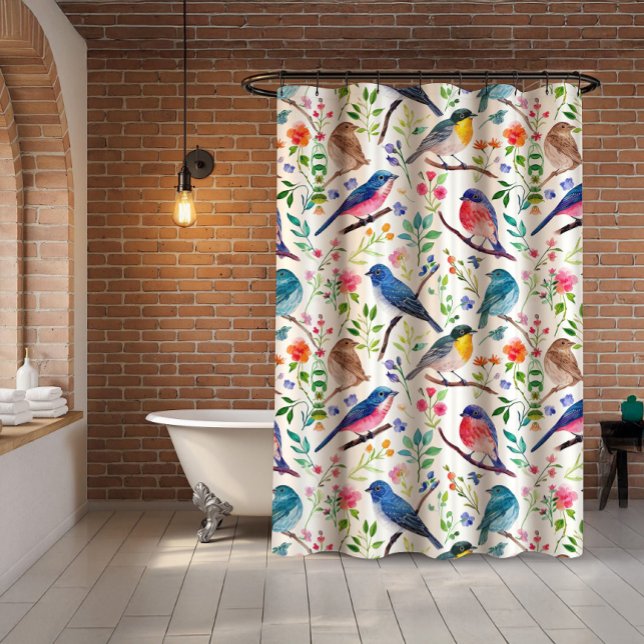 Colourful Birds Flowers Pattern Shower Curtain (Creator Uploaded)