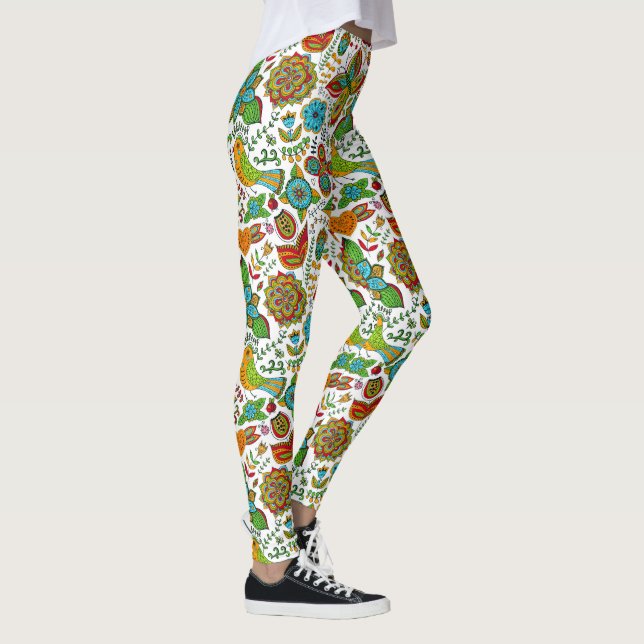 colourful birds & flowers retro pattern leggings (Right)
