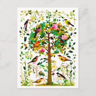 Colourful Birds in a Flowering Tree Postcard