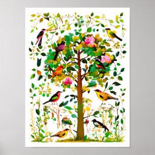 Colourful Birds in a Flowering Tree Poster