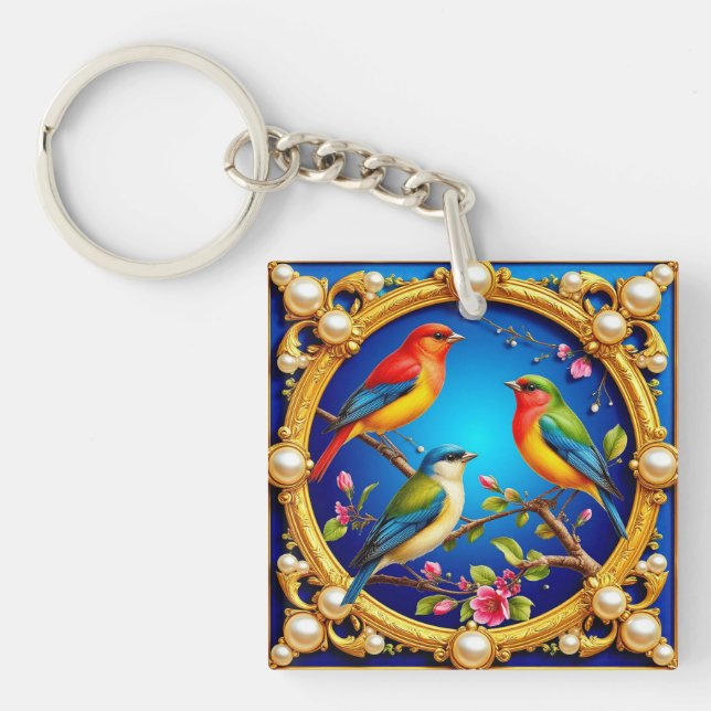 🕊️ Colourful Birds in Golden Frame For Gift 🕊 Key Ring (Front)