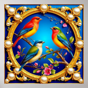 Colourful Birds in Ornate Golden Frame Poster