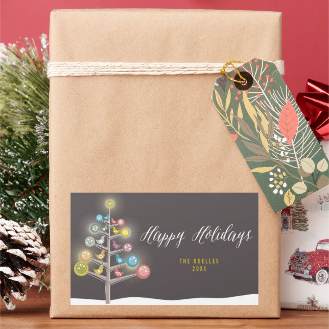 Colourful Birds On A Christmas Tree Happy Holidays Rectangular Sticker (Holiday)