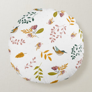 Colourful birds on a floral background round cushion