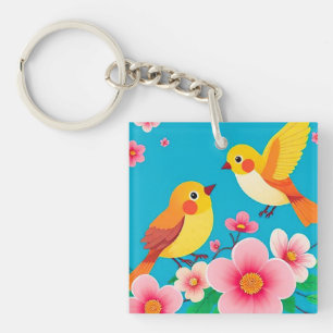 Colourful Birds Perched Among Stunning Flowers Key Ring