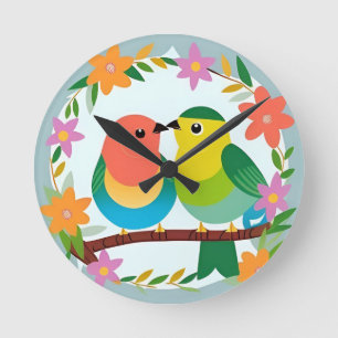 Colourful Birds Perched on a Branch Round Clock