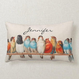 Colourful Birds Vintage Monogram Custom Name  Lumbar Cushion