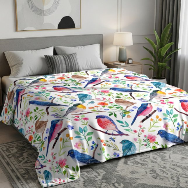 Colourful Birds & Whimsical Flowers Pattern Fleece Blanket (Creator Uploaded)