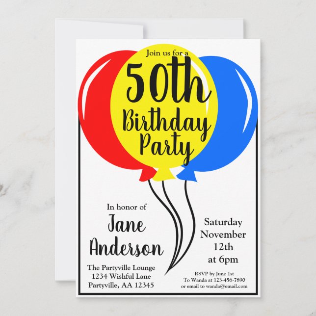 Colourful Birthday Balloons 50th Party Invitation (Front)