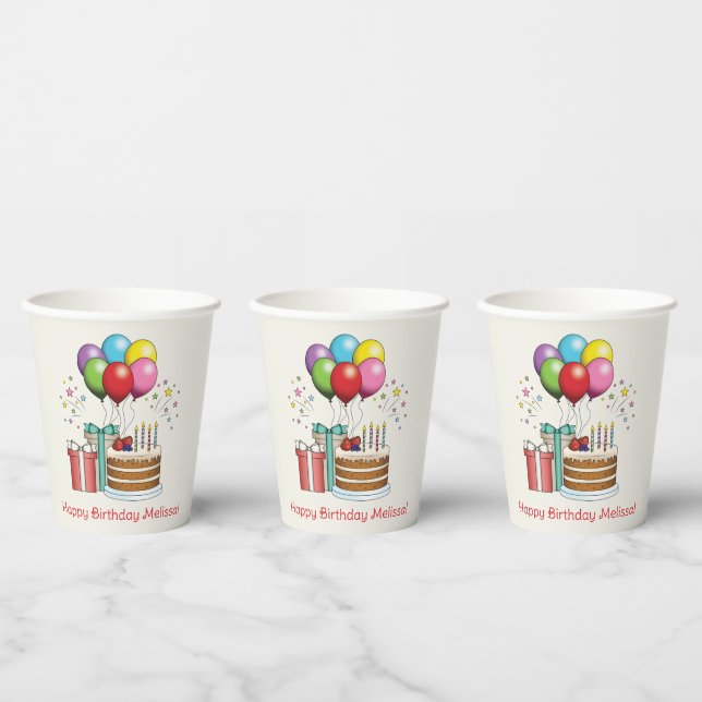 Colourful Birthday Balloons With Cake And Presents Paper Cups (Multi)
