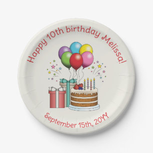 Colourful Birthday Balloons With Cake And Presents Paper Plate