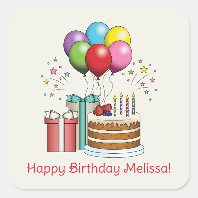 Colourful Birthday Balloons With Cake And Presents Square Sticker (Front)