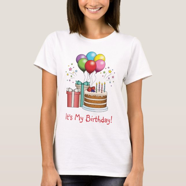 Colourful Birthday Balloons With Cake And Presents T-Shirt (Front)