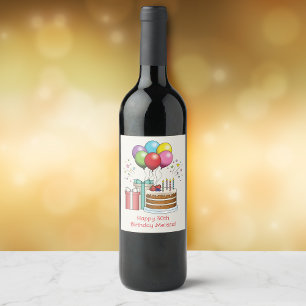Colourful Birthday Balloons With Cake And Presents Wine Label