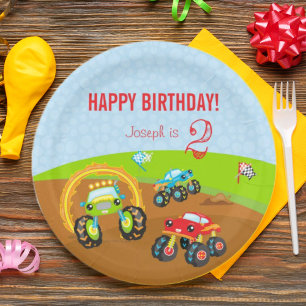 Colourful Birthday Boy Monster Trucks with Name Ag Paper Plate
