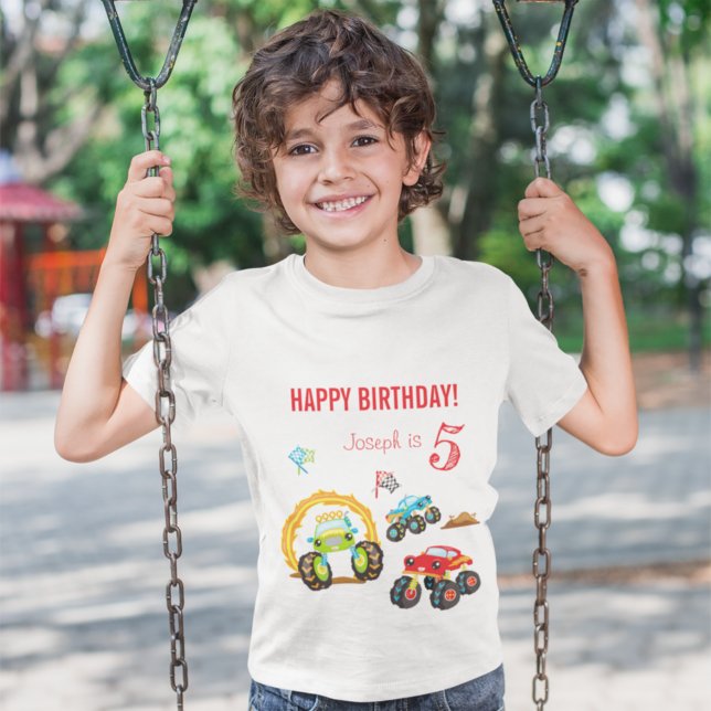 Colourful Birthday Boy Monster Trucks with Name Ag T-Shirt (Creator Uploaded)