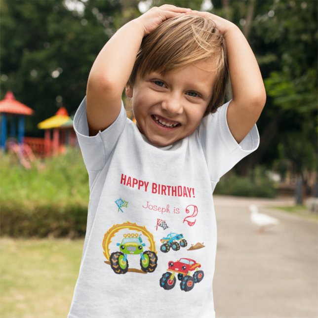 Colourful Birthday Boy Monster Trucks with Name Ag Toddler T-Shirt (Creator Uploaded)