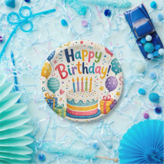 Colourful Birthday Cake and Balloons Festive Paper Plate