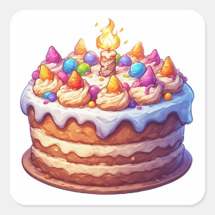 Colourful Birthday Cake with Candle Square Sticker