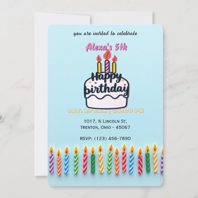Colourful Birthday Candles Blue Shade Invitation (Front)