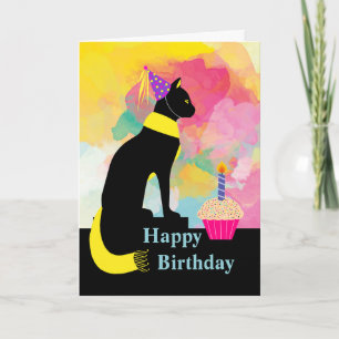 Colourful Birthday Cat with Party Hat, Cupcake Card