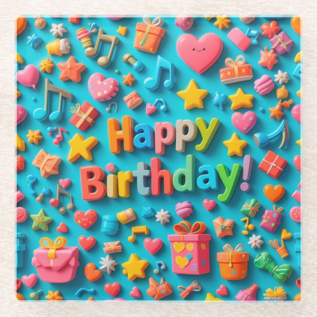 Colourful Birthday Celebration Elements Glass Coaster (Front)