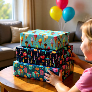 Colourful birthday party set of 3  wrapping paper sheet